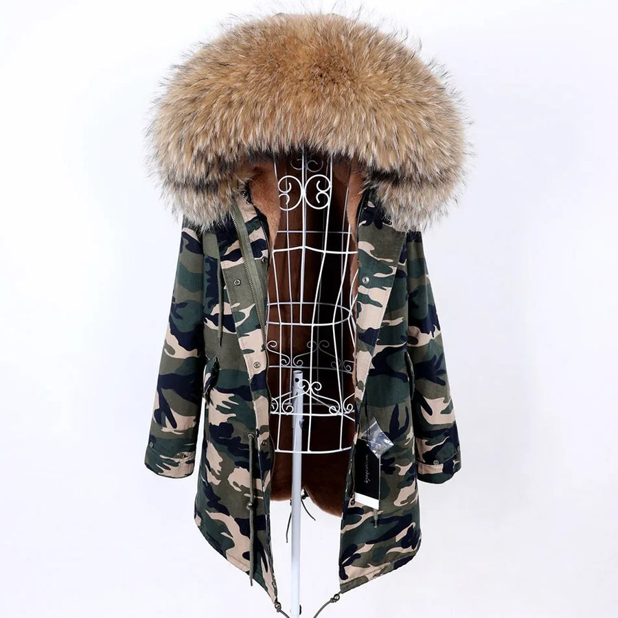 Damen Parka Jacke mit Kapuze und Fellimitatbesatz olivgrün