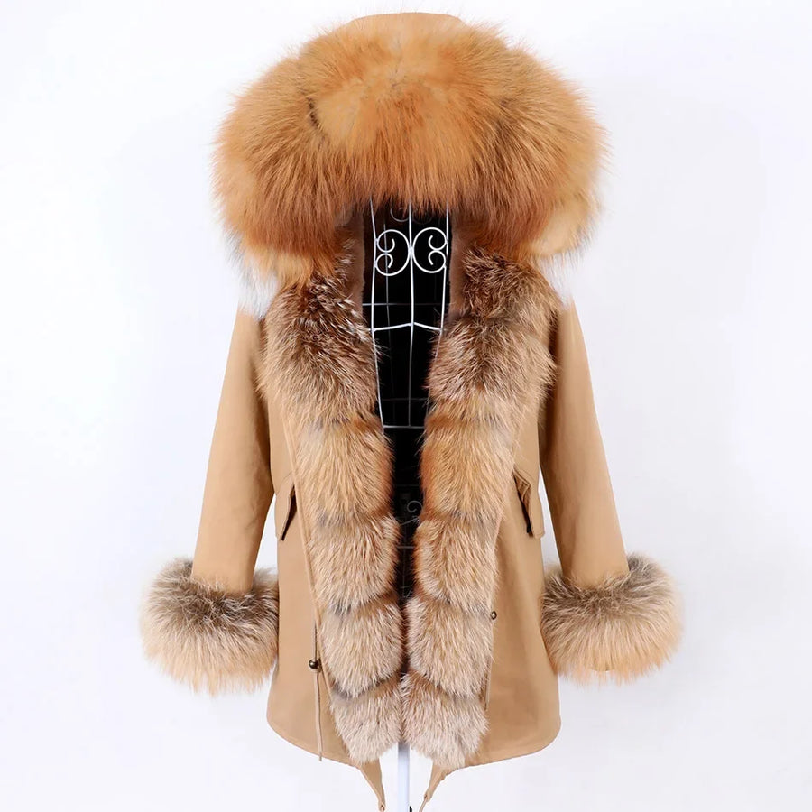 Damen Parka Jacke mit Kapuze und Fellimitatbesatz olivgrün