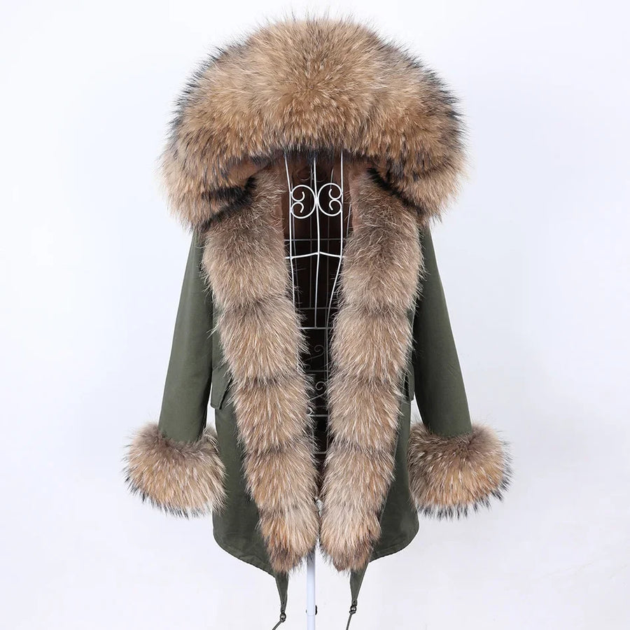 Damen Parka Jacke mit Kapuze und Fellimitatbesatz olivgrün