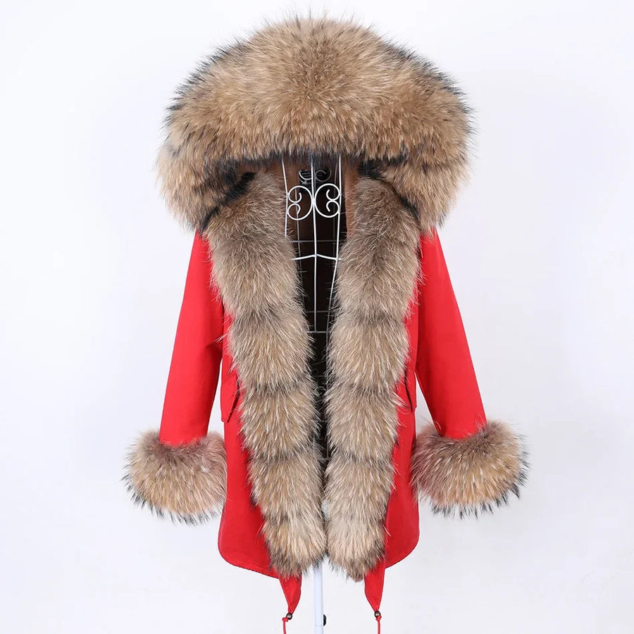 Damen Parka Jacke mit Kapuze und Fellimitatbesatz olivgrün