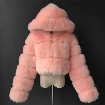 Kurze Damen Kunstfelljacke mit Kapuze, gestreiftes Design