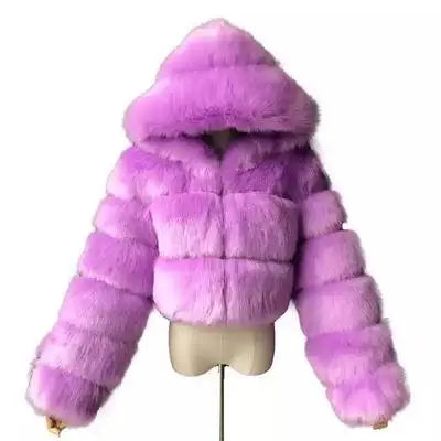 Kurze Damen Kunstfelljacke mit Kapuze, gestreiftes Design