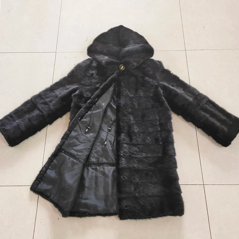 Damen Wintermantel Schwarz mit Kapuze Langer Mantel Faux-Pelz-Optik