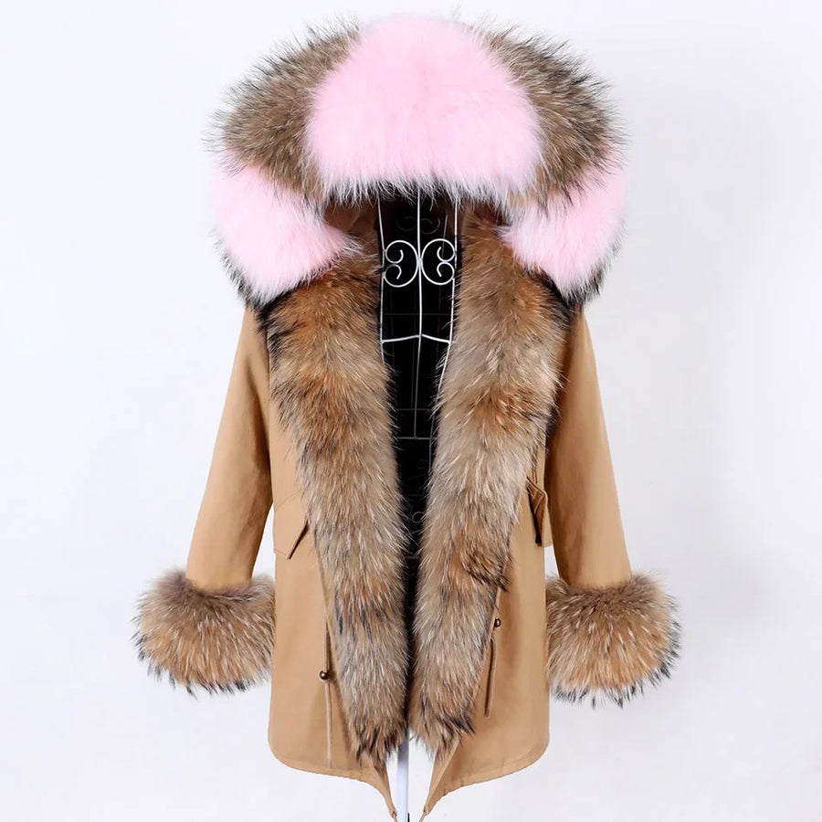 Damen Parka Jacke mit Kapuze und Fellimitatbesatz olivgrün