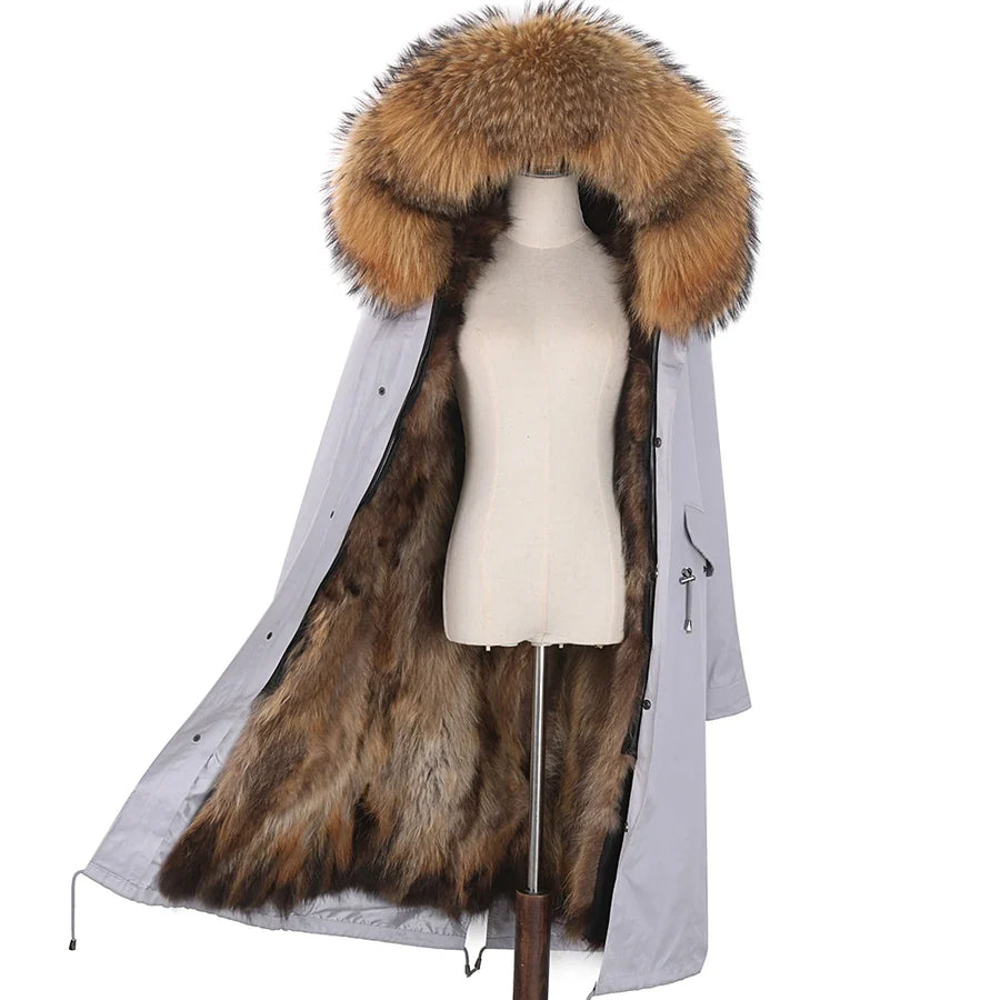Parka mit Fellkapuze & Fellfutter langer Wintermantel Damen