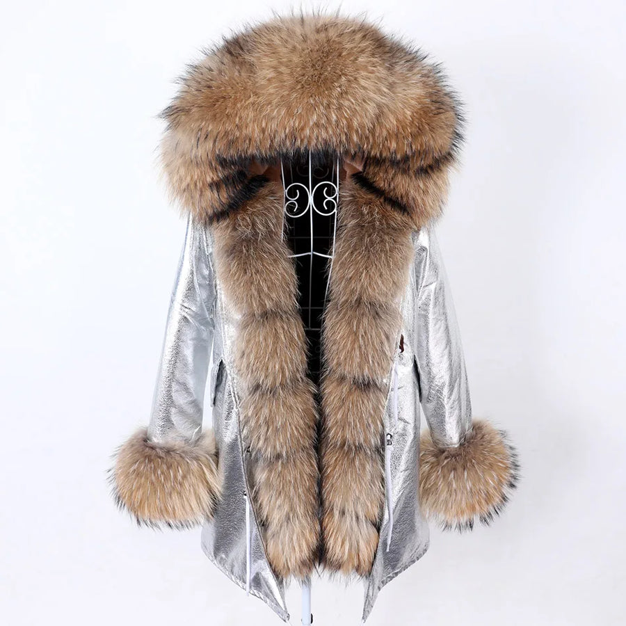 Damen Parka Jacke mit Kapuze und Fellimitatbesatz olivgrün