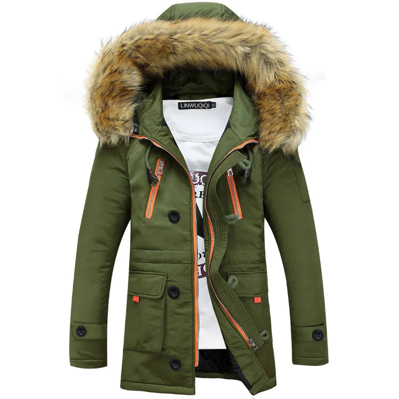 Herren Winterparka mit Kapuze und Kunstfellbesatz, Reißverschluss & Knöpfen, Langarm Jacke