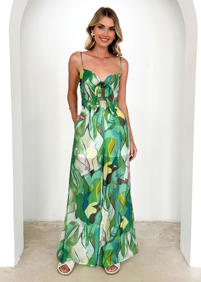 Damesjumpsuit met wijde pijpen, bustier en groen bladpatroon