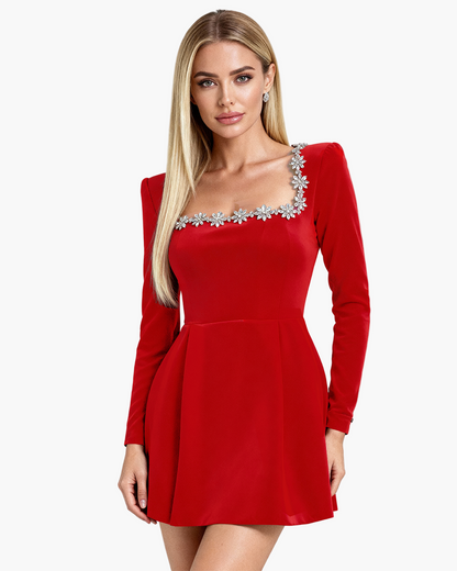 Damen Festliches Samt Minikleid mit Kristallbesatz – Elegantes Abendkleid für besondere Anlässe