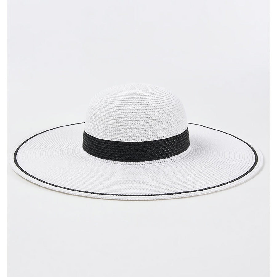 Zonnehoed voor dames met brede rand en band - zwart-wit