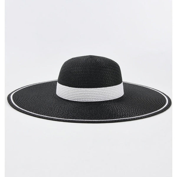 Zonnehoed voor dames met brede rand en band - zwart-wit