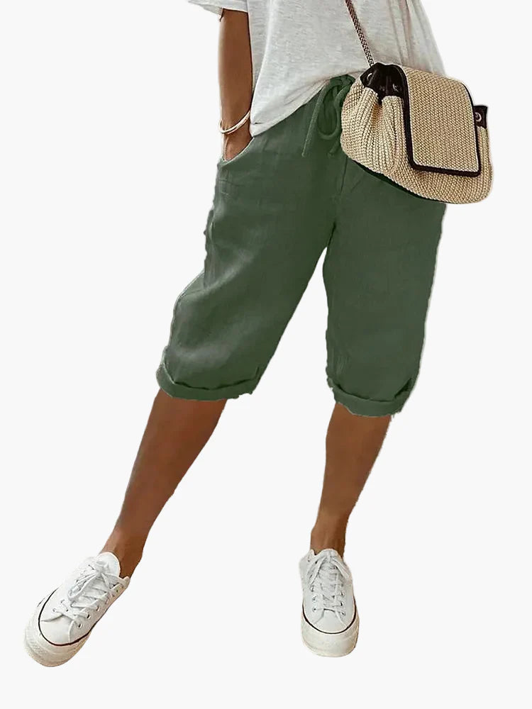 Damen Caprihose Leinen-Look mit Kordelzug & Umschlagbund