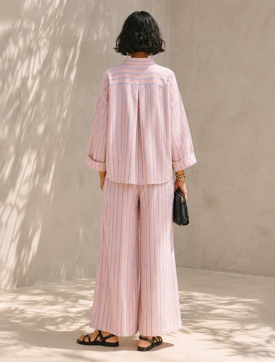 Roze gestreepte loungewearset voor dames met opstaande kraag en ritssluiting