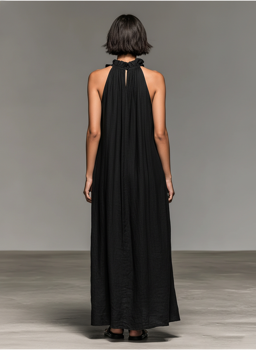 Damen Maxikleid mit Rüschenkragen und Volants, ärmelloses Sommerkleid mit Halfterausschnitt