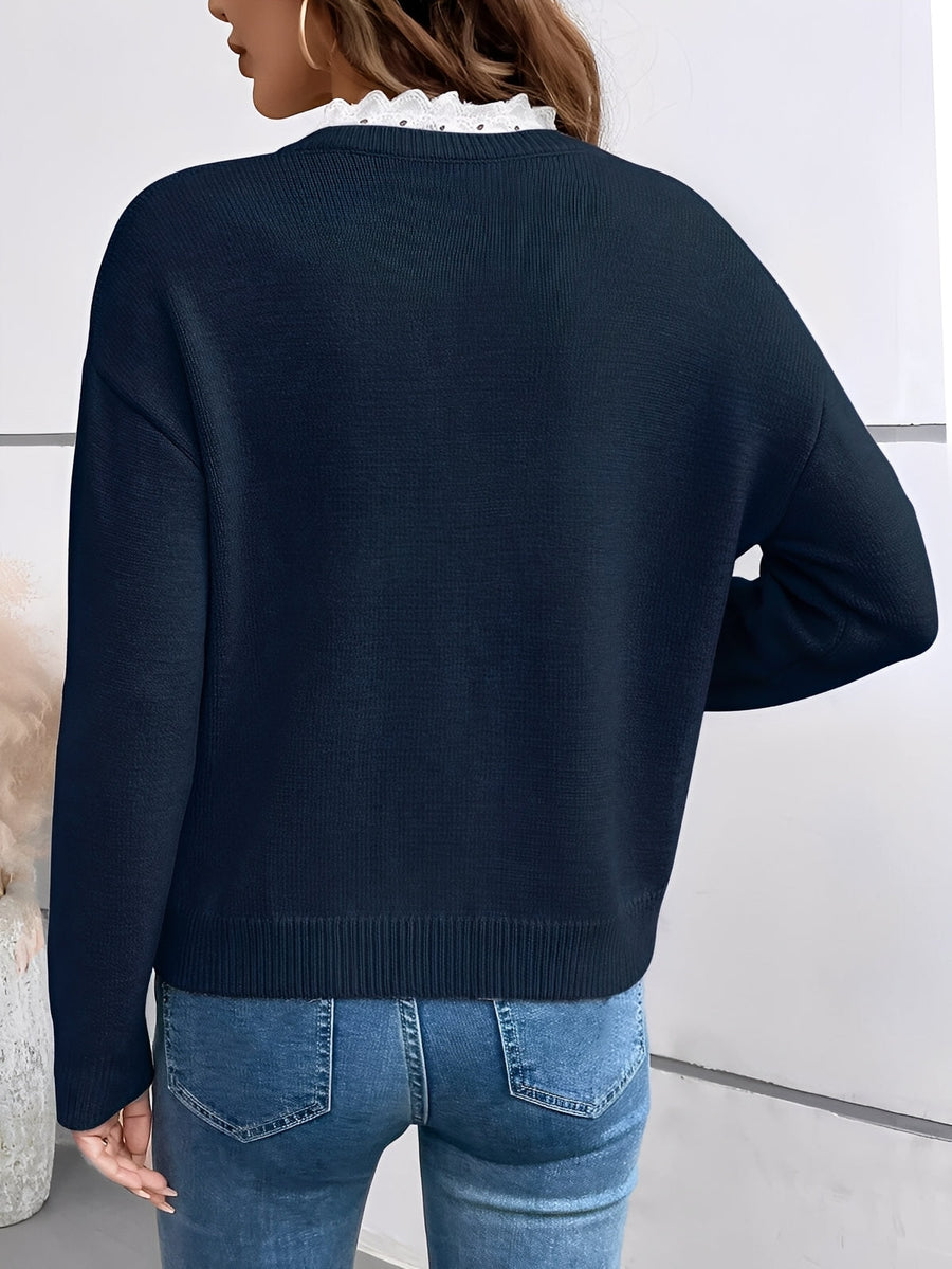Damen V-Ausschnitt Strickpullover mit Spitzenbesatz in Blau