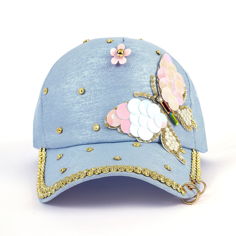 Himmelblaue Baseballkappe mit Schmetterling, Pailletten & Ringen