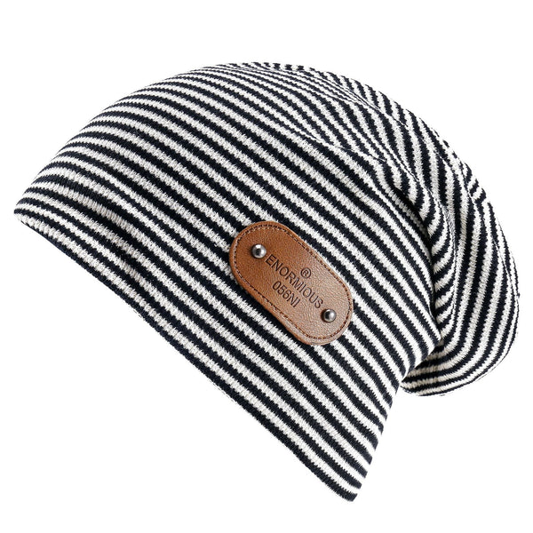 Gestreepte beanie met leren patch, casual stoffen beanie