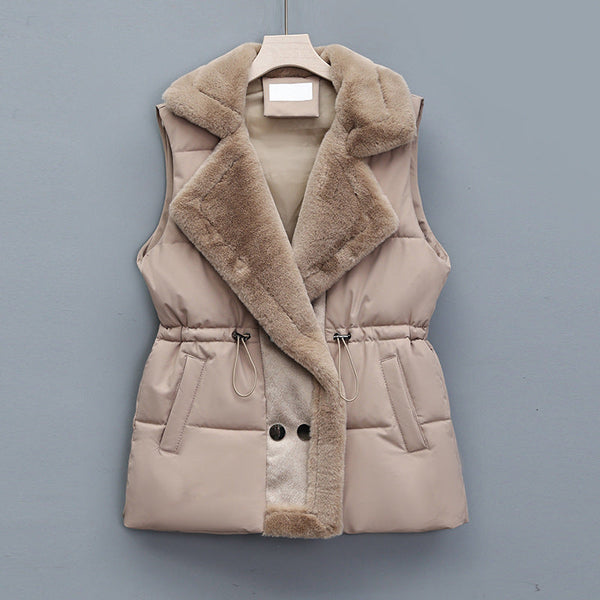 Damesbodywarmer met kraag van imitatiebont en taillekoord