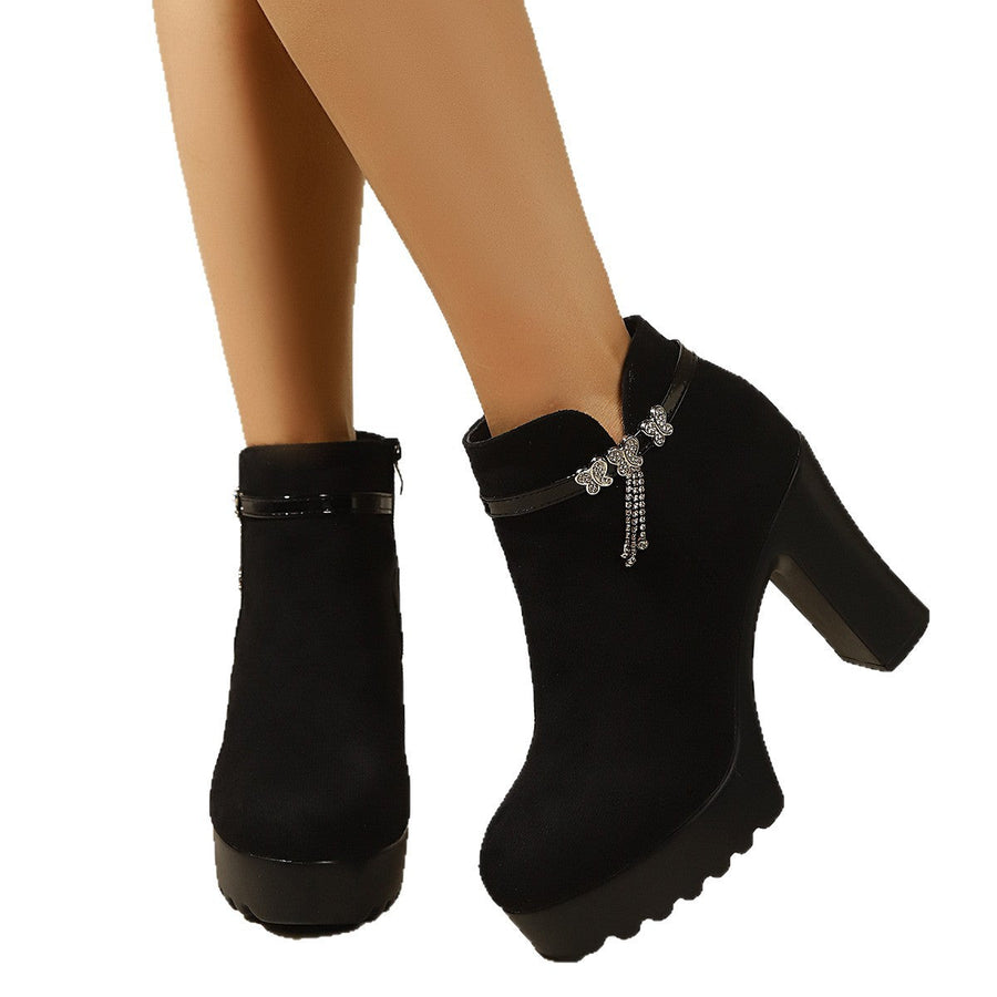 Damen Stiefeletten mit Blockabsatz Plateau & Schmetterlingsdetail Dunkelbraun