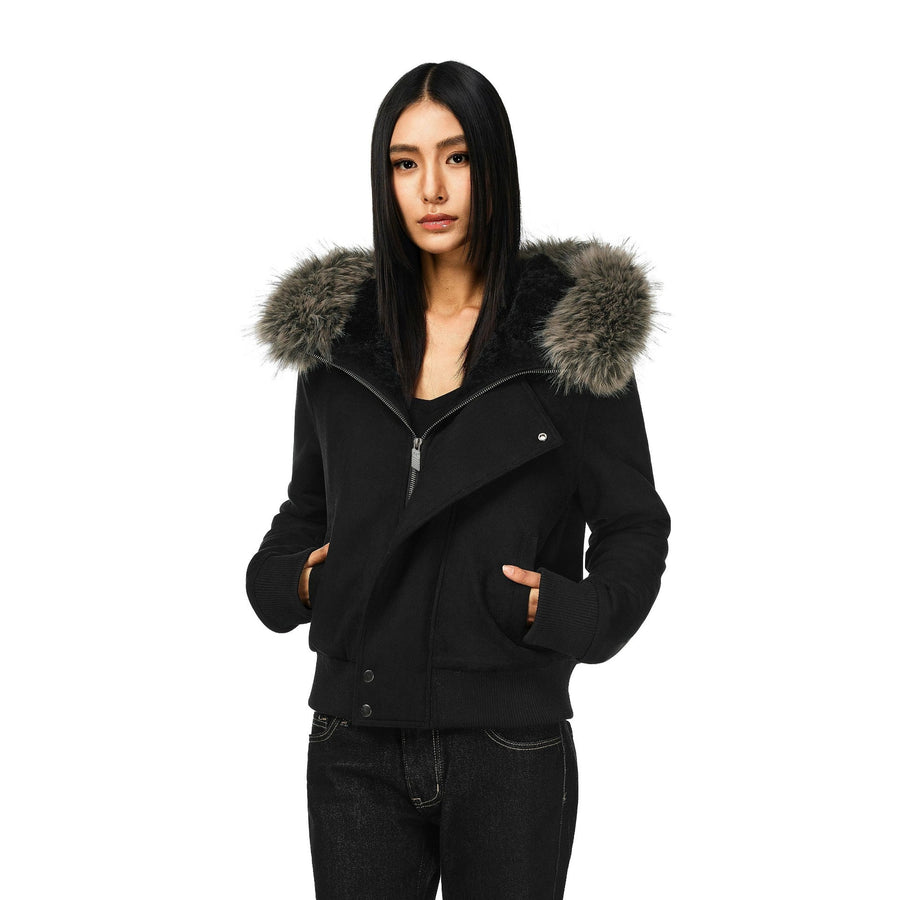 Damen Jacke mit Kunstpelzbesatz und asymmetrischem Reißverschluss