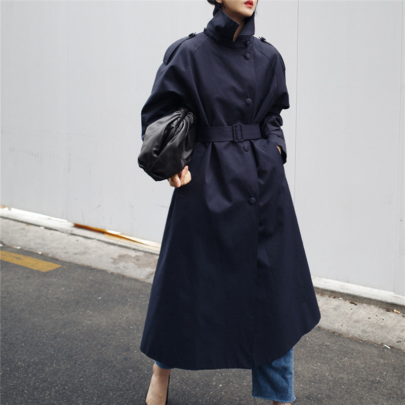 Damen Trenchcoat Lang Stehkragen Gürtel Marineblau