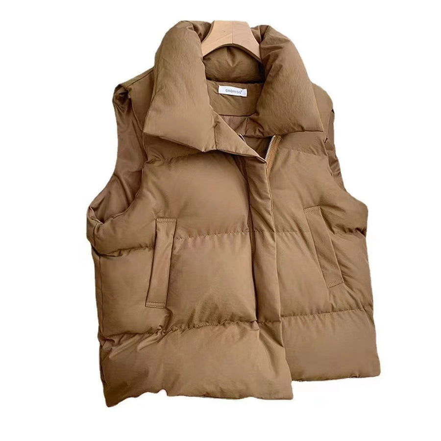 Korte gewatteerde damesbodywarmer, winterbodywarmer met opstaande kraag