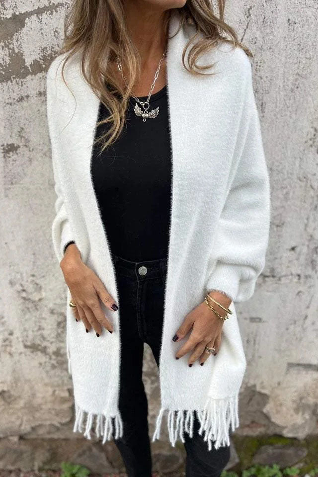 Cardigan Damen Fransen Strickjacke Flauschig Offen