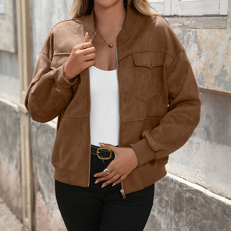 Braune Damen Bomberjacke mit Reißverschluss und Pattentaschen