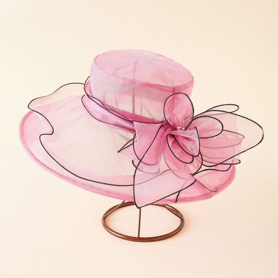 Damen eleganter Organza Hut mit breiter Krempe und Blumen-Applikation