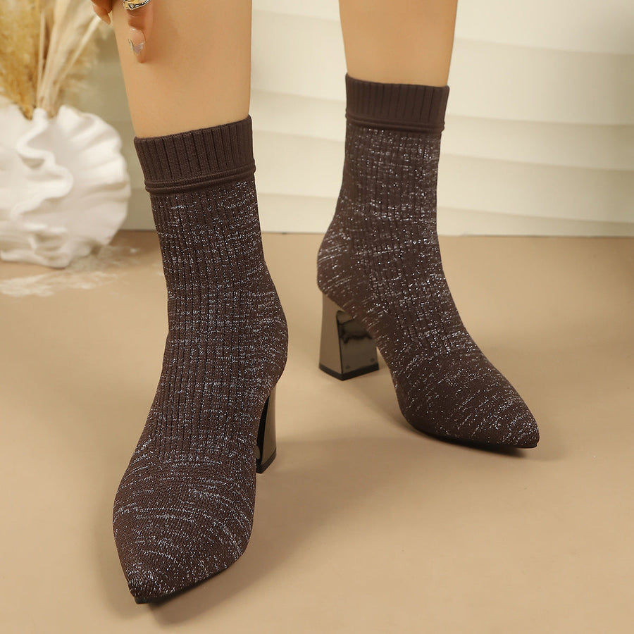 Damen Stricke Stiefelette mit Blockabsatz und spitzer Zehenpartie