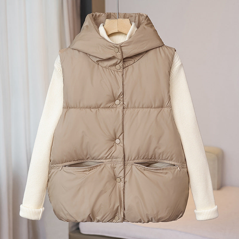 Korte zwarte damesdonsbodywarmer met capuchon, gewatteerd