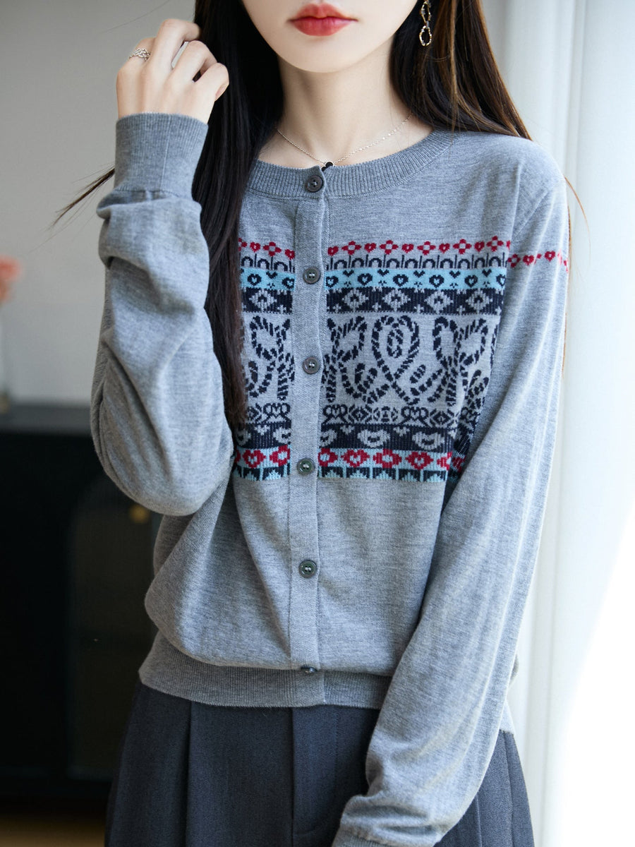 Damen Strickjacke mit Rundhals und Jacquard-Muster
