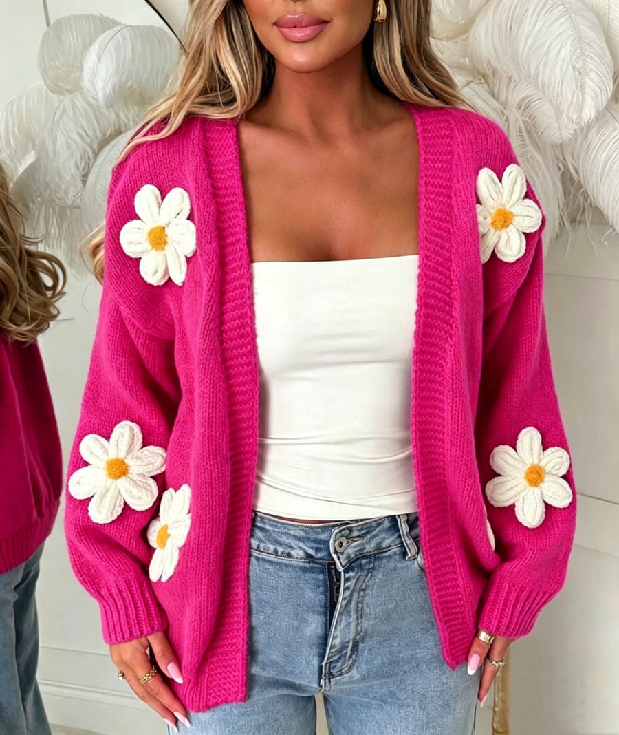 Damesvest met bloemapplicaties, openvallend, lange mouwen