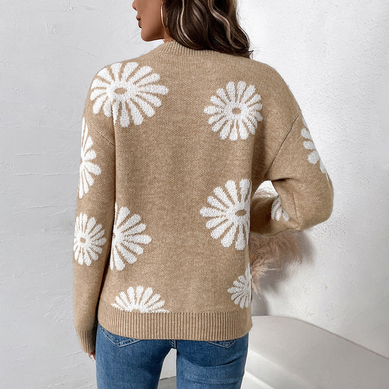 Damen Rundhals Strickpullover Beige mit weißen Blumenmuster