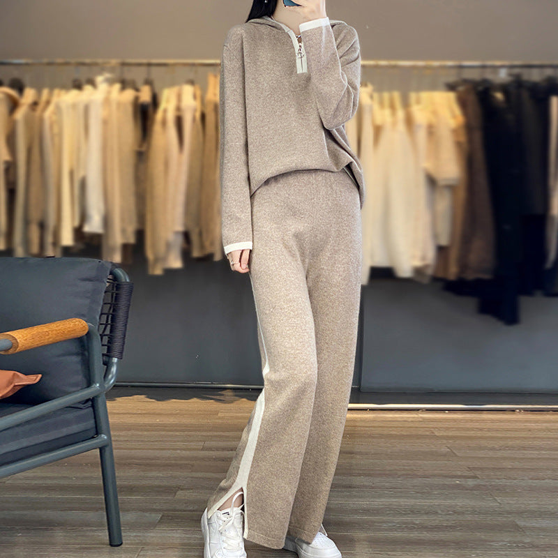 Damen Hoodie und Hose Set mit Reißverschluss und Kontraststreifen