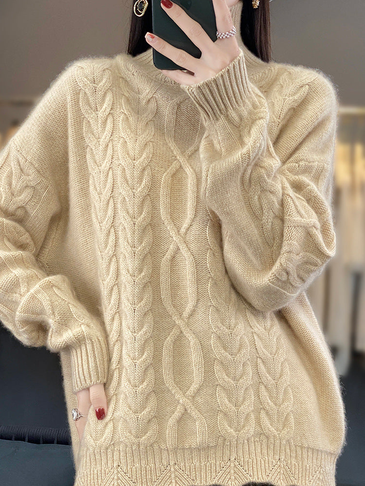 Damen Grobstrick Pullover Zopfmuster Rundhals Beigefarben