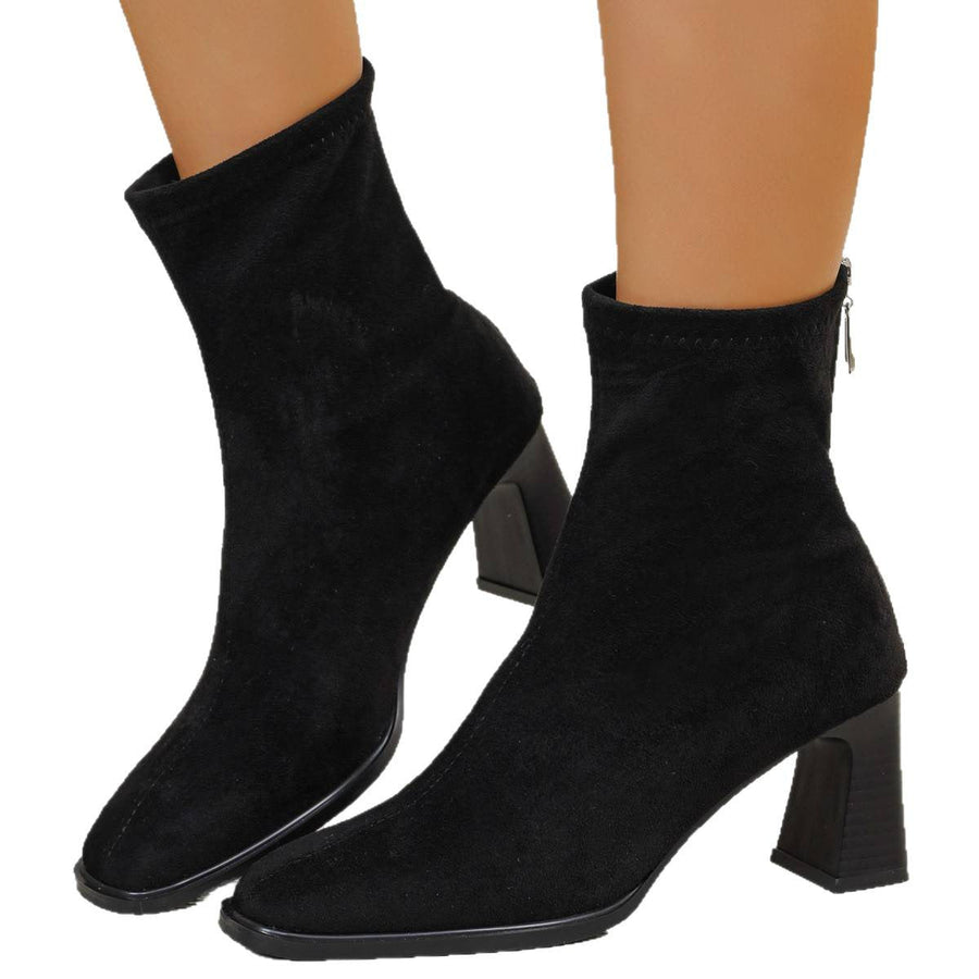 Enkellaarsjes voor dames met blokhak, rits, spitse neus en suède-look