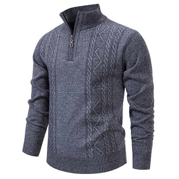 Herren Strickpullover mit Zopfmuster, Stehkragen und Reißverschluss, Melange-Optik