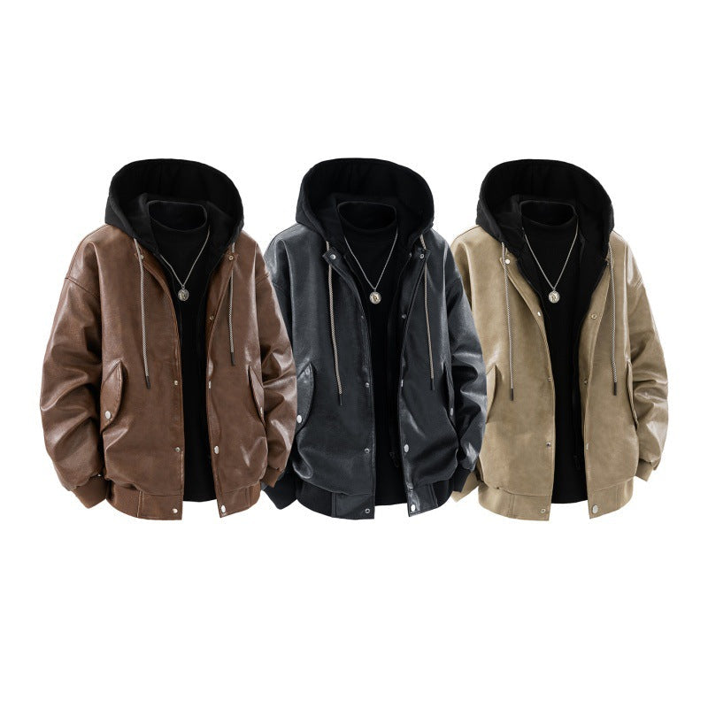 Herren Jacke in Leder-Optik mit Kapuze und Druckknöpfen