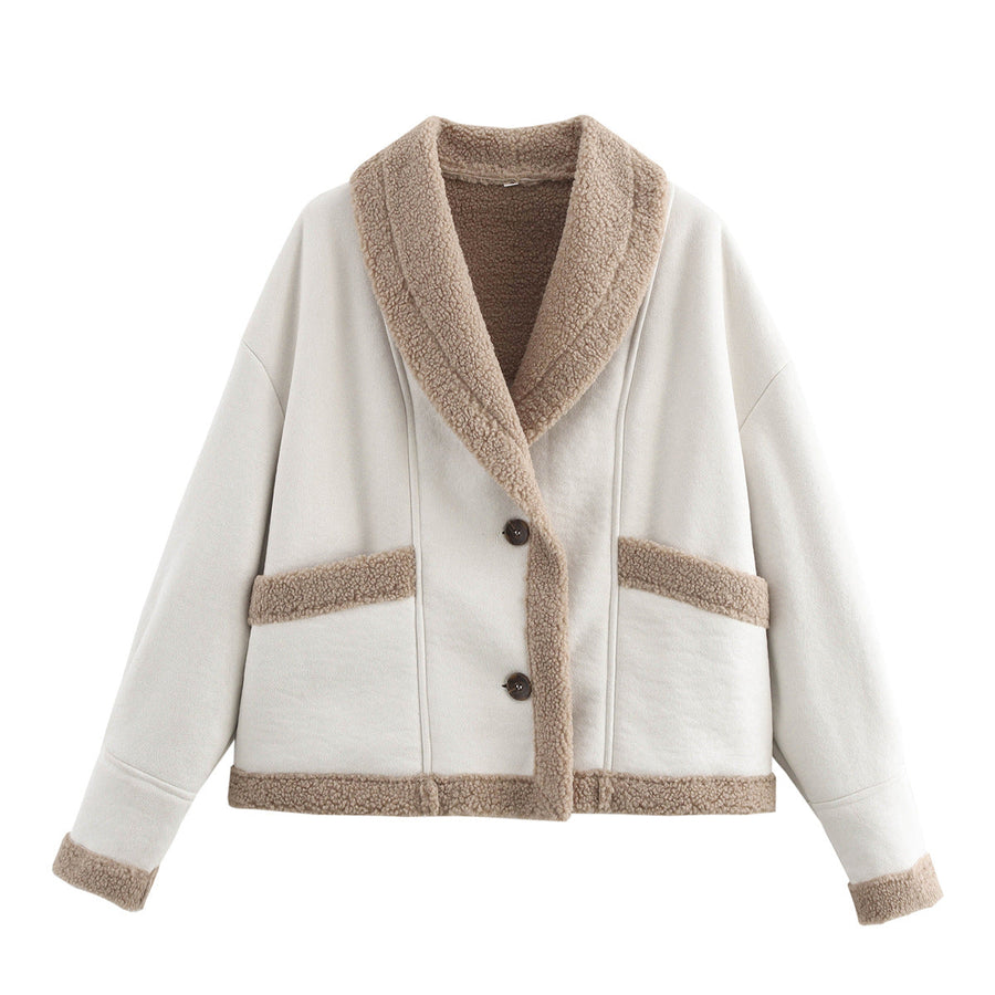 Kort damesjasje in shearlingstijl met pluche voering en kraag