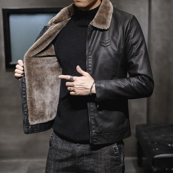 Herren Jacke mit Kunstleder-Optik und Teddyfutter, Kragen mit Kunstfell