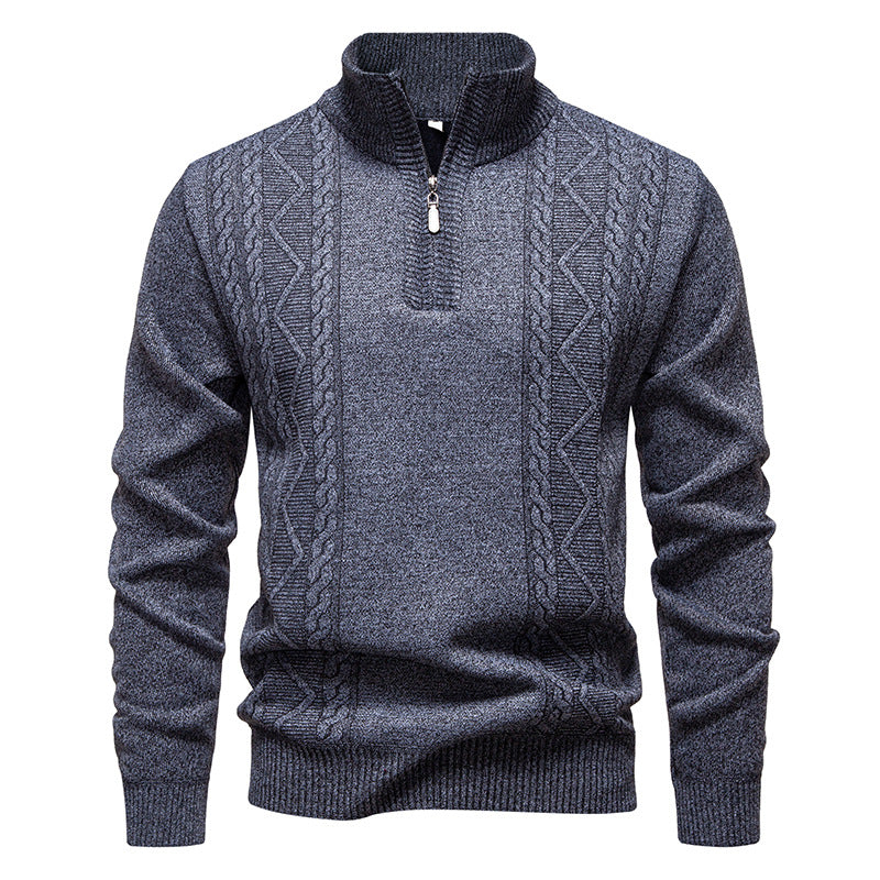 Herren Strickpullover mit Zopfmuster, Stehkragen und Reißverschluss, Melange-Optik