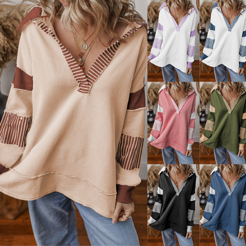 Dames oversized hoodie met capuchon, contrasterende strepen, V-hals en lange mouwen