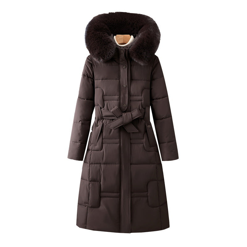 Damen Winter Steppmantel Lang mit Kunstpelz Kapuze & Gürtel