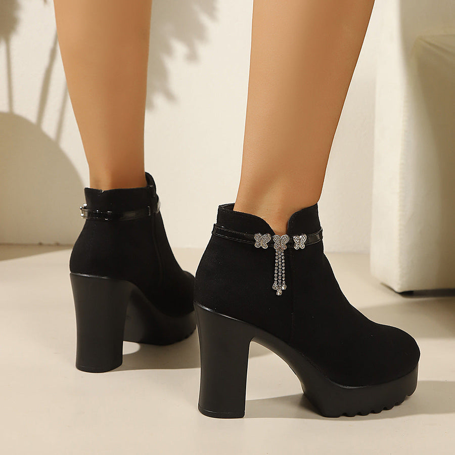 Damen Stiefeletten mit Blockabsatz Plateau & Schmetterlingsdetail Dunkelbraun