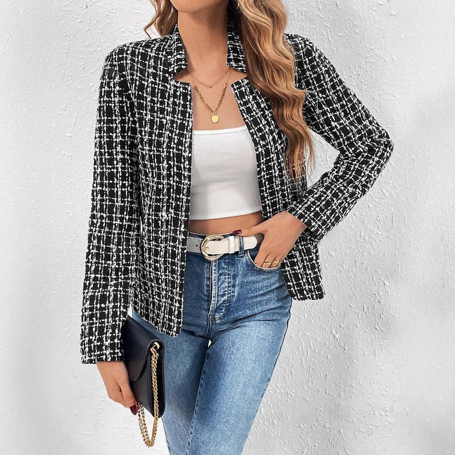 Damen Tweed-Blazer mit Karomuster Offener Vorderseite