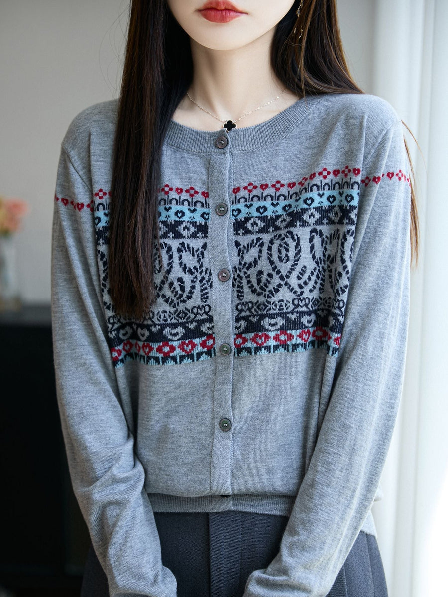 Damen Strickjacke mit Rundhals und Jacquard-Muster