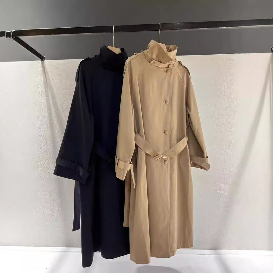 Damen Trenchcoat Lang Stehkragen Gürtel Marineblau