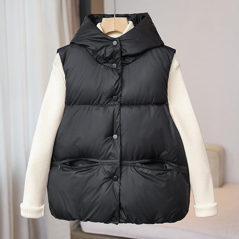 Korte zwarte damesdonsbodywarmer met capuchon, gewatteerd