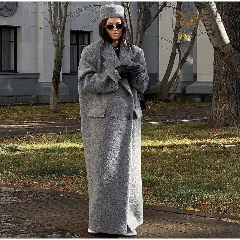 Damen Langer Oversize Maxi-Mantel Grau Zweireihig